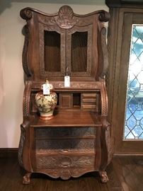 Custom-made carved secretary in the style of 17th-century Colonial America