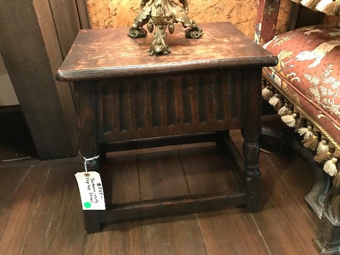 Jacobean style flip-top oak stool