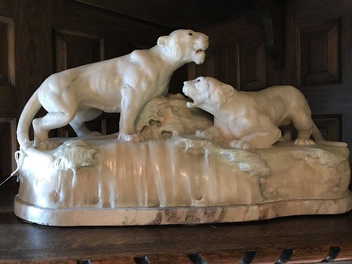 Alabaster figural lamp with pair of lions