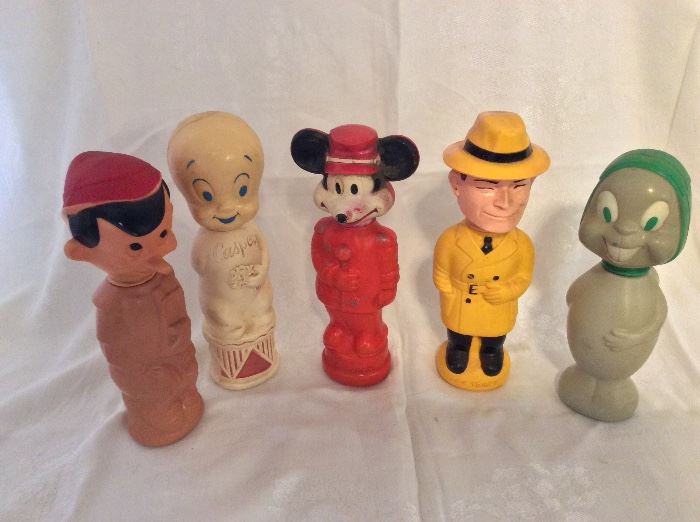 Vintage Palmolive Bubble Bath Soap Bottles. Pinnochio, Casper, Mickey Mouse, Dick Tracey, Rocky the Squirrel.
