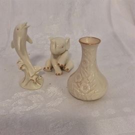 Lenox dolphin and elephant figurines and flower bud vase. 