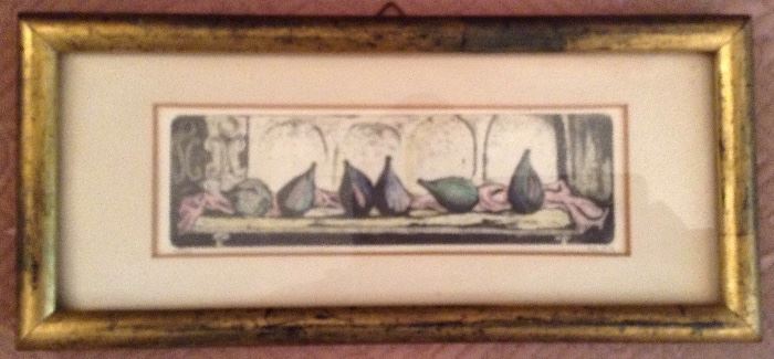 "Figs" by Vicente Gandia (1935-2009) Spain, Colored Etching, 9"x4".