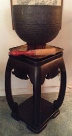 Hand Hammered Japanese Bronze Gong and Mallet on Laquer Stand