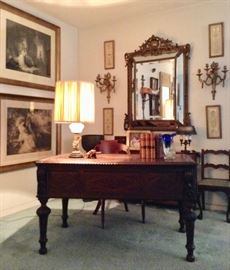 Antique Continental Carved Desk; Brilliant Mirror-Framed Mirror; D'ore Bronze Sconces