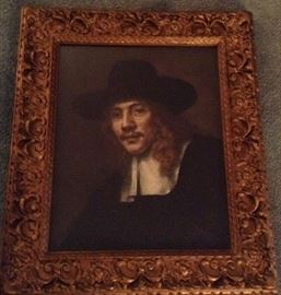 Detail from Rembrandt's "Syndics of the Cloth Guild", lithograph 18"x22", gold painted plaster frame.