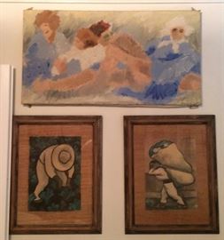 top: acrylic, signed Kelly, lower: two lithographs by Diego Rivera, signed in plate.  11x14.