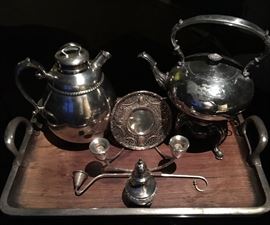 Silver plate: Kettle on stand; Beverage server; Pierced-repousse plate; Sugar caster.  Sterling modern 3-cup candle holder; candle snuffer on metal trimmed wood tray 