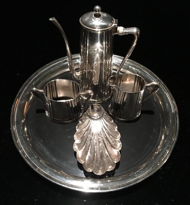 Sterling coffee service; sterling scallop dish on banded serving tray