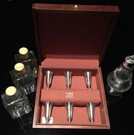 Enamel on sterling scent bottles; Sterling cordials in presentation box from Gumps in San Francisco; Sterling capped bottle