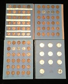 Coin collection including Indian Head Pennies (1902-1907), Steel Pennies (1943 D & S), Silver Quarters (1932-1956).  Not pictured: Standing Liberty Quarters, Franklin & Kennedy Silver Half Dollars (1958-1964)