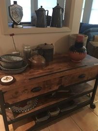 marshall crock , old pottery , granite ware, odds and ends, matching ent.or whatever you want it to be rolling table