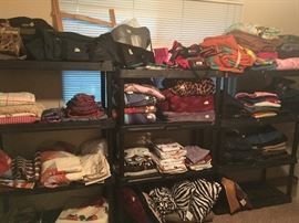 linens -  towels, pillows, sheets, quilts or parts of quilts  duffle bags and small travel bags 