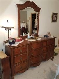 Queen bedroom furniture set. Bed, tall dresser, dresser with mirror and nightstand