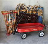 Vintage Croquet set with 2 pairs of Vintage Snow Shoes, an old Radio Super Wagon, Vintage Johnny Walker Badmitten Set, and Fishing Pole