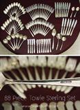 88 Piece Towle Sterling Set: 24 Teaspoons, 6 Soup Spoons, 14 Salad Forks, 14 Dinner Knives, 12 Small Knives, 5 Serving Spoons, and 1 Cake/Pie Serving Utensil