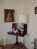 Mahogany game table, nice lamp and lithophane tea set