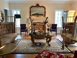 Living Room "Throne" Sofa and Chairs with a Swivel. Handcrafted by Cappelletti in Plated Brass. All Other Items in photo are for Sale.