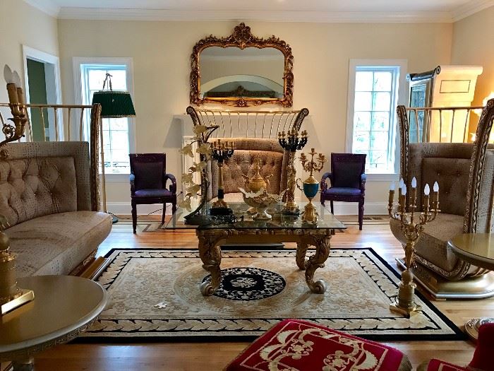 Living Room "Throne" Sofa and Chairs with a Swivel. Handcrafted by Cappelletti in Plated Brass. All Other Items in photo are for Sale.