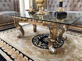 Cocktail Table by Cappelletti Carved Gilt Wood with Glass Top 51 x 38 & Wool Carpet