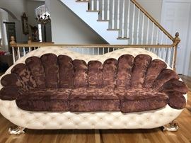 Made in Spain by Vidal Grau ; Leather and Velvet Sofa with Pair of Side Chairs