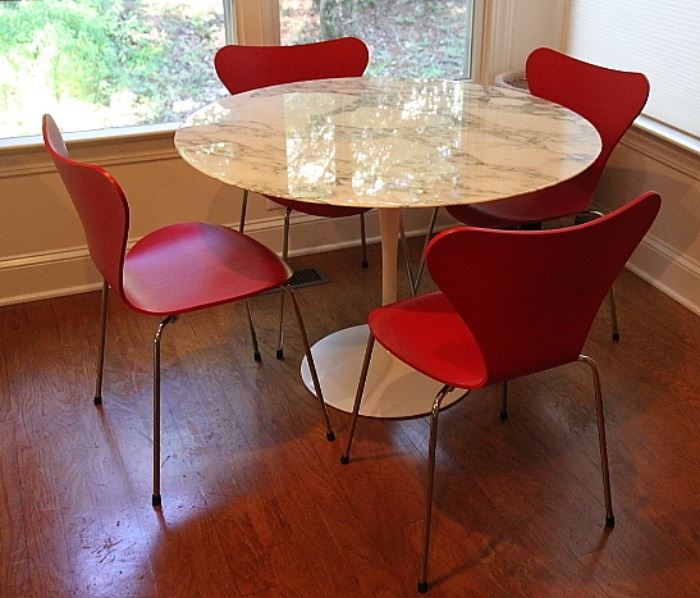 2013 Knoll marble-topped Tulip table ($1,900 first day).  Red Republic of Fritz Hansen Arne Jacobsen Series 7 chairs, made in Denmark, first day price $250/each