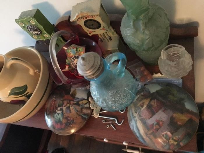 Watt ware items, hand painted China, brides baskets, vintage novelty clocks.