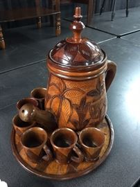 Monkey Pod wooden coffee pot and cups
