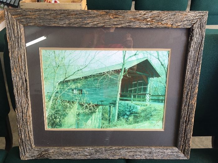 Barn wood frame with old covered bridge
