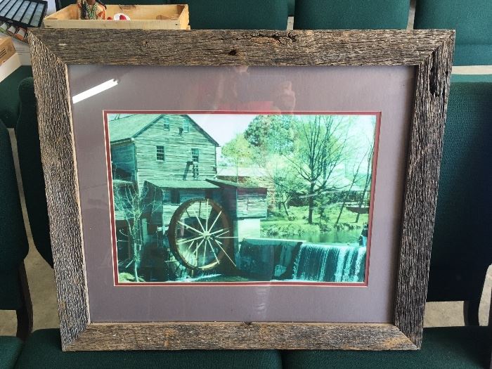 Barn wood frame with water wheel