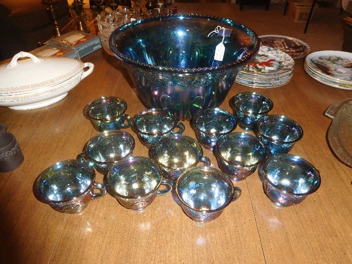 Carnival glass punch bowl set