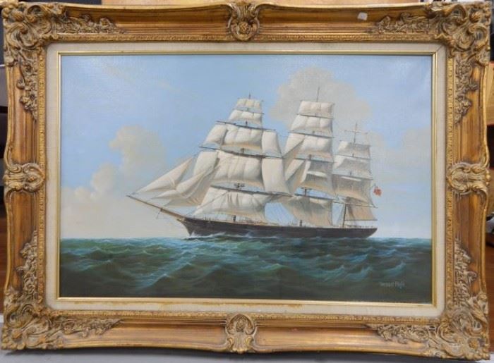 Signed Bernard Page Oil on Canvas Ship Painting in Gold Gilt Frame