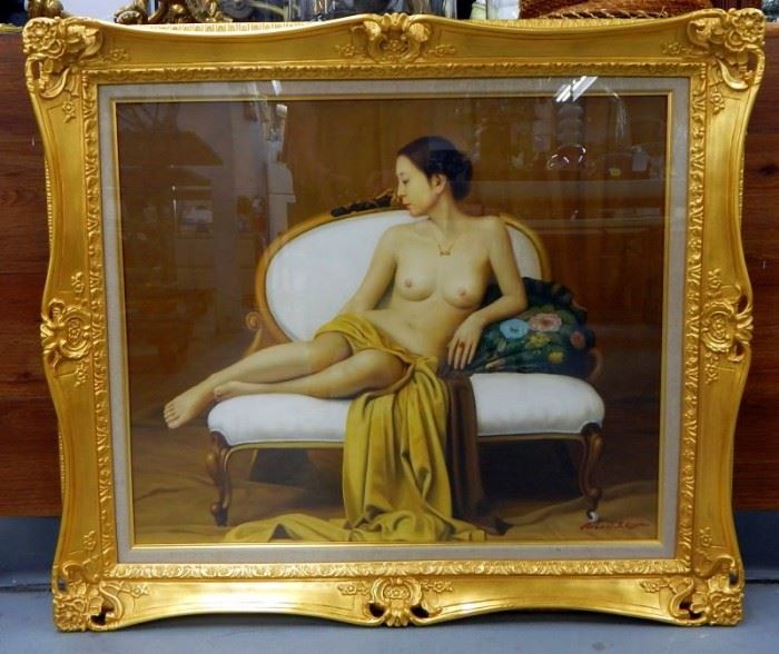 Signed Chinese Nude Painting in Gold Decorative Frame