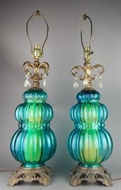 Pair of Large Mid Century Blown Art Glass Lamps
