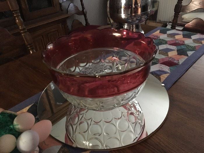 Cranberry glass punch bowl with cups (not pictured)
