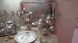 Silver Tray by Friedman Silver, Wilcox Lady Mary Pitcher, Roger Bros "Exquisite" tea set