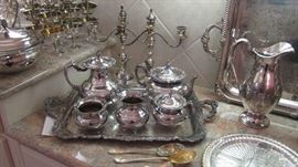 Community "Ascot" Tea Service, Sterling Candelabras