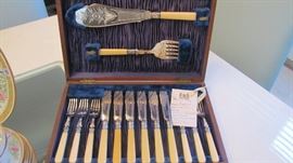 Victorian Fish Set w/bone handles in Original Case  circa 1860