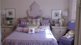 Custom Made Queen Size Bed & Bedding (so cute!) Silk Covered Parsons Chairs (sold individually)