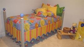 Hand painted with tassels on sculpted edge w/custom bedding and down filled pillows