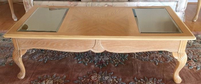 Coffee Table 4'4"X2'2" light wood & glass Chippendale style
