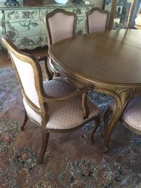 Vintage Drexel French Pecan Dining Table 6' + 3 leaves, 2 Arm Chairs/4 Side Chairs, Matching Hutch,  Rug: Vintage 9' by 12' "Cameo"-China 
Rug vintage 6' by '9' "Cameo"-India

