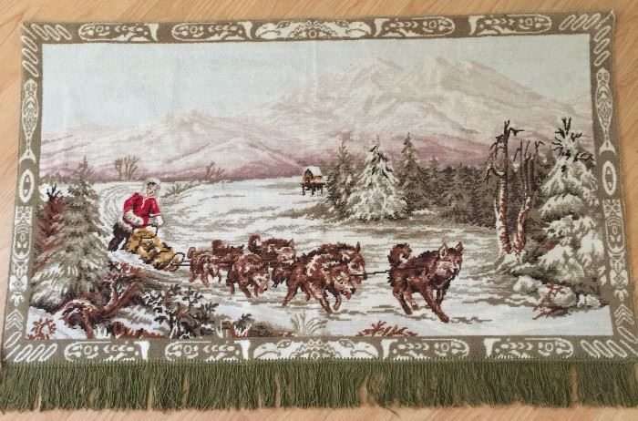 Tapestry: vintage velour Alaska dog sled
