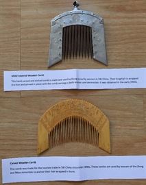 Combs: Dong minority (SW China), hand-carved w silver/wood
