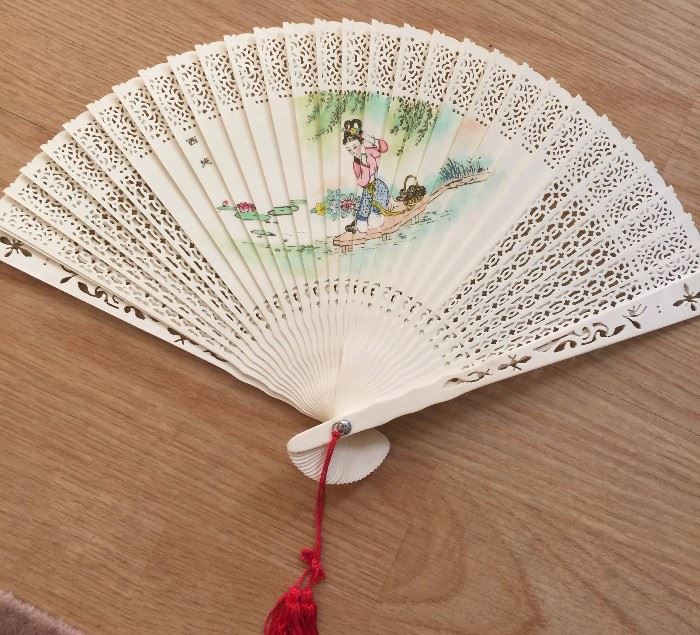 Chinese Fan: vintage carved & painted
