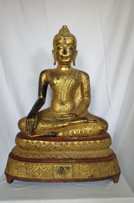 Antique Gilt Sitting Buddha ~ 29.5" tall
The base measures 23" x 13"
Weight is approx 107 lbs.