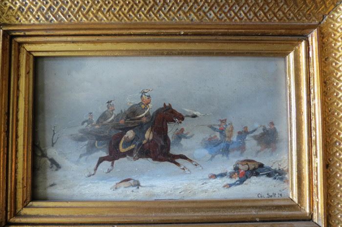 Antique Christian Sell Oil Painting Prussian infantry (German, 1831-1883)... The total frame measurement is 10 1/2" X 8"