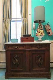 Victorian Marble Top Carved Door Cabinet