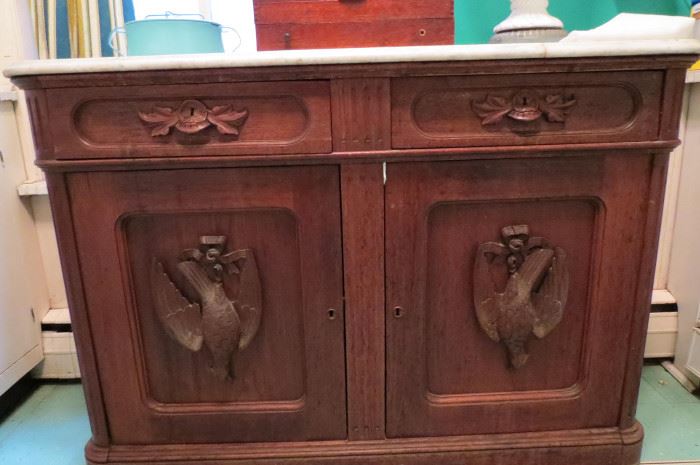 Victorian Marble Top Carved Door Cabinet