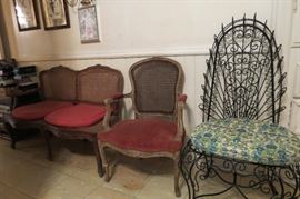 Vintage Cane Back & Bottom Love Seat and Chair.. Victorian Wire High Back Chair