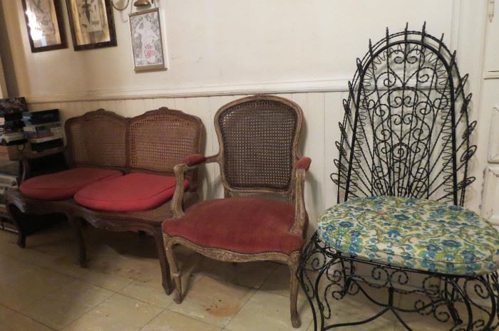 Vintage Cane Back & Bottom Love Seat and Chair.. Victorian Wire High Back Chair